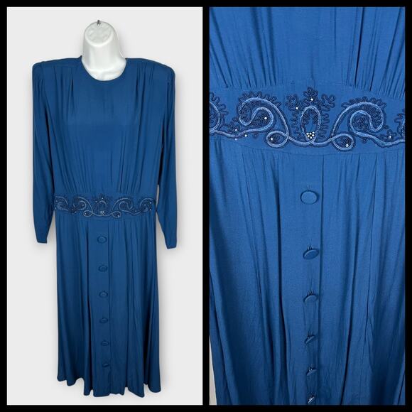 80s does 40s Karin Stevens Blue LS Embroided Beaded Secretary Geek Dress Size 12 - Picture 1 of 8